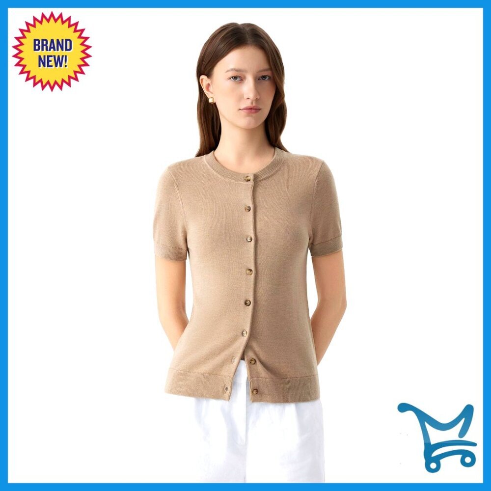 Soft Silk Cashmere Blend Cropped Cardigan Short Sleeve Button Up Sweater